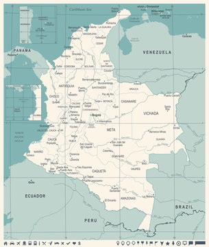 Colombia Map - Vintage Detailed Vector Illustration