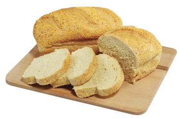 fresh sliced bread on wooden board isolated on white
