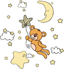 Teddy bear flying with star shaped balloon in sky