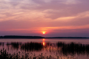 sunset over the lake in summer