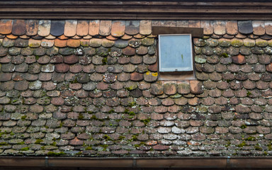 Old mossy roof tiles with a small window