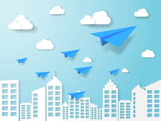 Obraz premium plane flying on blue sky with cloud and building. illustration of business and leadership concept. nature landscape with paper art style.
