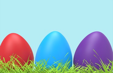 Easter colorful eggs in green grass. Close up. 3D illustration