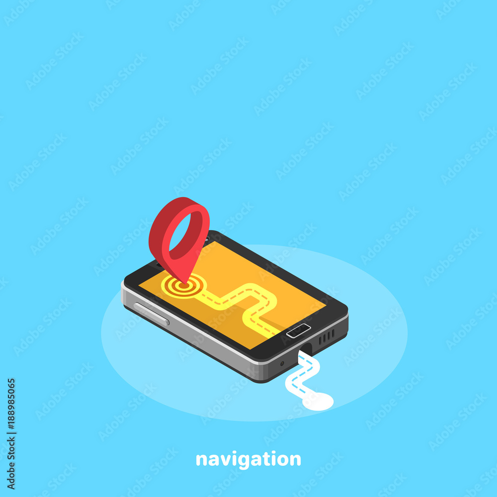 Poster map and destination pointer on the smartphone, isometric image