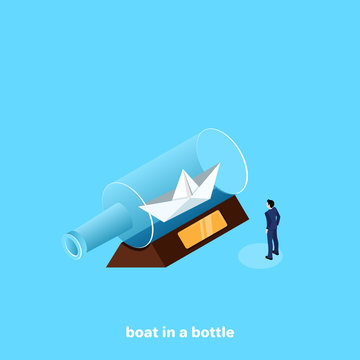 man in a business suit looks at a paper boat in a bottle, isometric image
