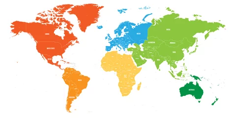 Fotobehang World map divided into six continents. Each continent in different color. Simple flat vector illustration. © pyty