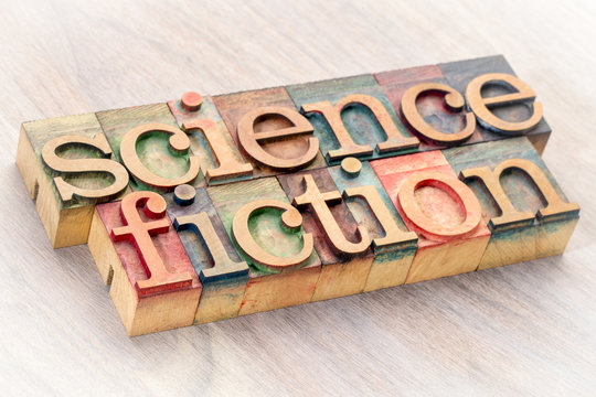 science fiction word abstract in wood type