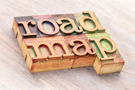 road map word abstract in wood type