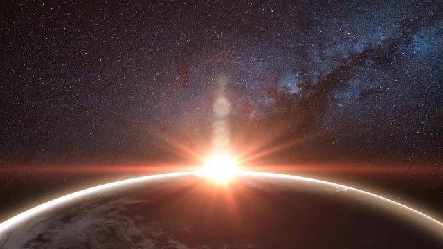 Sunrise view from space on Planet Earth. World rotating on its axis in black Universe in stars. Cities Lights at Night. High detailed 4k 3D Render animation. Elements of this image furnished by NASA
