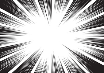Background of radial lines for comic books. Manga speed frame, superhero action, explosion background. Black and white vector illustration