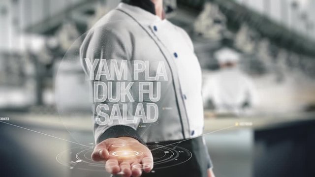 Chef holding in hand Yam pla duk fu Salad