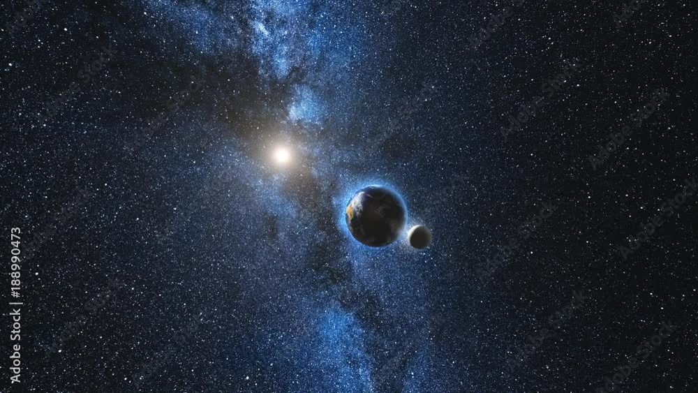 Wall mural sunrise view on planet earth and moon satellite rotating and spinning in open space, blue milky way 