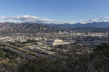 Hilltop view of downtown Glendale and the San Gabriel Mountains in Los Angeles County, California.