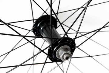 Detail of front bicycle wheel, hub and spokes