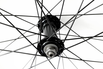 Detail of front bicycle wheel, hub and spokes