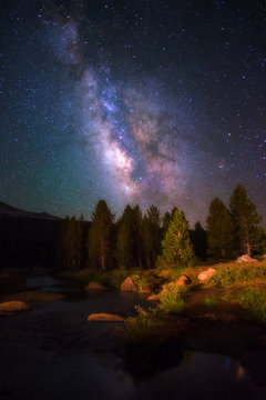 Summer Milky Way and Galactic Center with A Flowing River in Foreground in Tuolumne Meadows, Yosemite National Park
