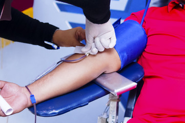 Transfusion Blood Donation , Blood Donor At Health Carnival, Healthcare And Charity Concept