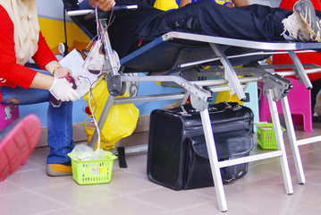 Transfusion Blood Donation , Blood Donor At Health Carnival, Healthcare And Charity Concept