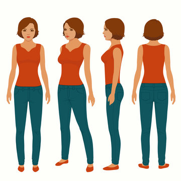  fashion woman isolated, front, back and side view, vector illustration 