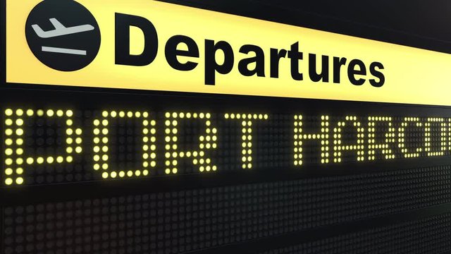 Flight To Port Harcourt On International Airport Departures Board. Travelling To Nigeria Conceptual Intro Animation