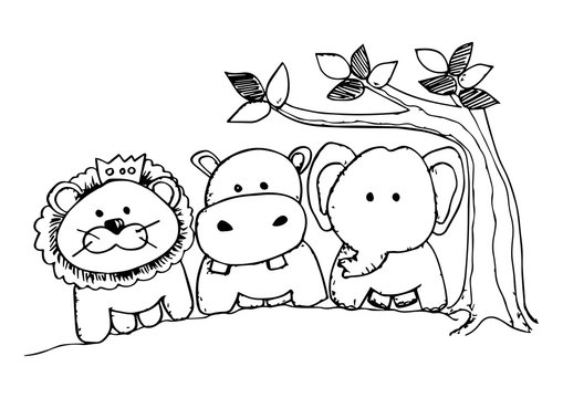 Cartoon animal with lion, elephant, hippo