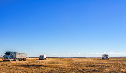 Heavy transport truck and trailer parked in a golden harvested field under a cloudy and sunny countryside autumn landscape