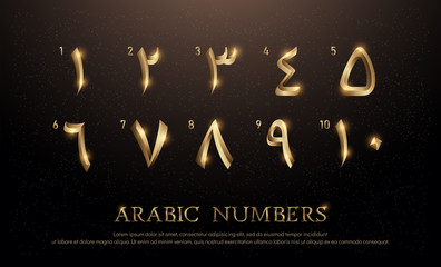 Fototapeta na wymiar Arabian Number Font Set of Elegant Gold Colored Metal Chrome Numbers. 1, 2, 3, 4, 5, 6, 7, 8, 9, 10 vector illustrator