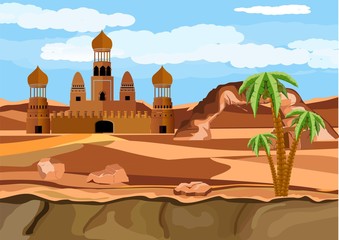 Desert landscape with sand dunes, orient arabian palace, palms, vector landscape, arabian lands theme.