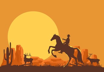 Cowboy on horse vector silhouette on wild west background, cactus desert.