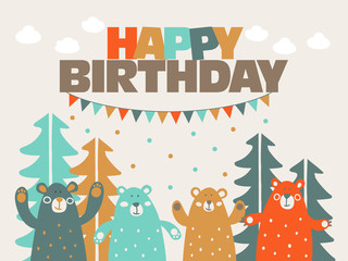 Happy birthday - lovely vector card with funny cute bears in forest and garlands
