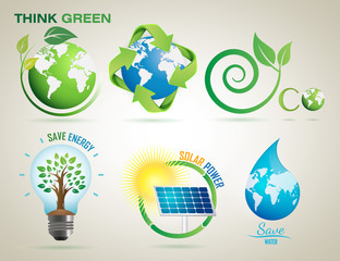 Think Green Recycle, Solar Power Save Energy, Save Water- Vector Logo Set