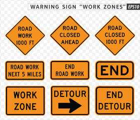 Road sign. Warning. Work Zones.  Vector illustration on transparent background