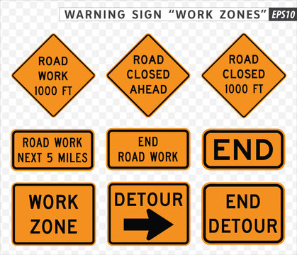 Naklejki Road sign. Warning. Work Zones.  Vector illustration on transparent background