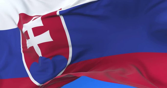 Slovakia flag waving at wind in slow in blue sky, loop