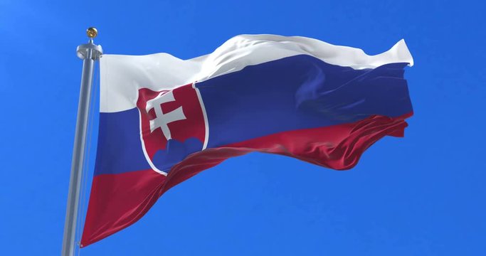 Flag of Slovakia waving at wind in slow in blue sky, loop