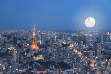 Foto op Plexiglas Fine art Tokyo tower night with full moon © elbanco