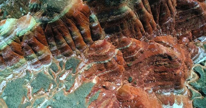 World&rsquo;s most amazing places. Aerial top down view on the colorful rainbow mountains of Zhangye Danxia landform geological park in Gansu province. Part 3 of a 9 part series-can be merged into 1 movie