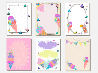 Cute vector card set of ice creams. Vintage cards with patterns and ornaments. Hand drawn card set for menus, brochures and template design. Vector illustration.