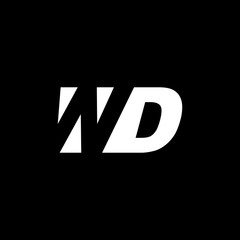Initial letter WD, negative space logo, white on black background