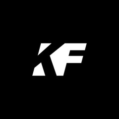 Initial letter KF, negative space logo, white on black background