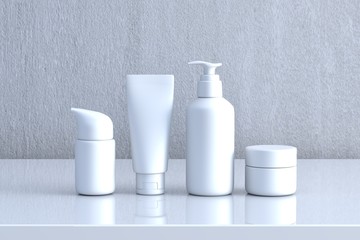 Cosmetic packaging spa and beauty set on glossy, 3d rendering