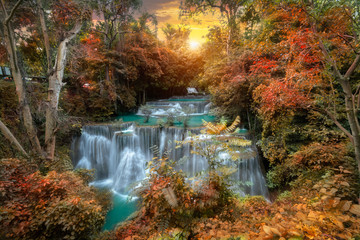 Huay Mae Kamin Waterfall, beautiful waterfall in autumn forest, Kanchanaburi province, Thailand