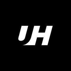 Initial letter UH, negative space logo, white on black background
