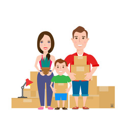 family with cardboard boxes. moving day concept