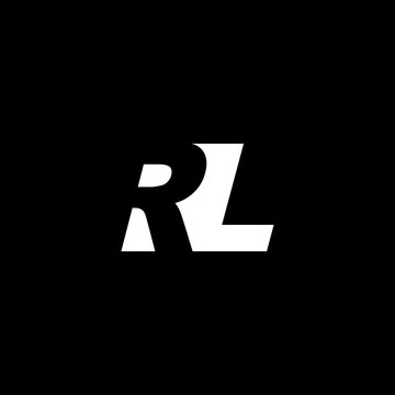 Initial letter RL, negative space logo, white on black background