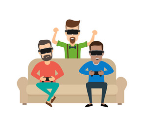 three men playing video game in virtual reality glasses