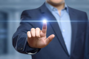 Businessman pressing button. Innovation technology internet business concept. Space for text