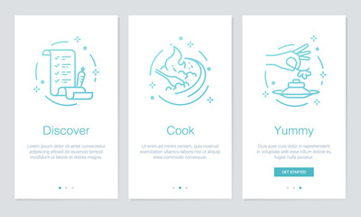 Food and Recipes concept onboarding app screens. Modern and simplified vector illustration walkthrough screens template for mobile apps.