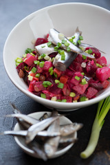 Closeup of traditional russian vinaigrette or beetroot salad with sprats and green onion, selective focus
