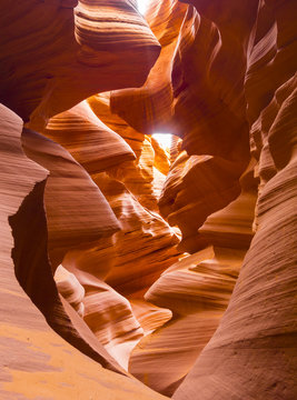 Eroded rock formations inside the Lower Antelope Canyon near Page, Arizona (USA). The sandstone slot canyon is a major tourist attraction.